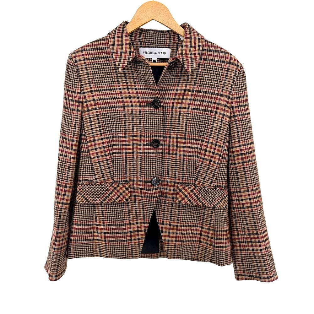 Veronica‎ Beard Brown Houndstooth Plaid 100% Virgin Wool Blazer Jacket Size 8